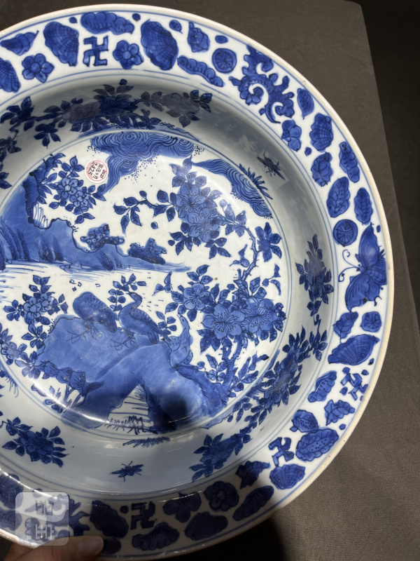 明万历 青花飞鸣宿食折沿洗 - 图4